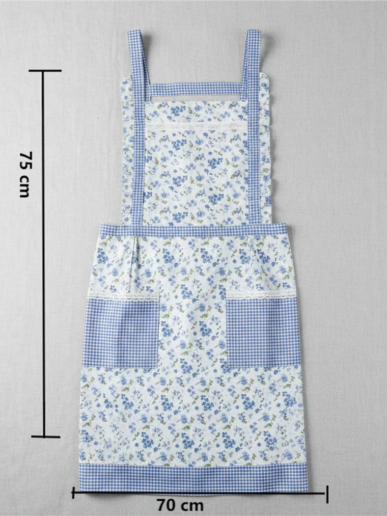 Delantal De Cocina Floreado Rosado Cuadrillé Con Bolsillos 3