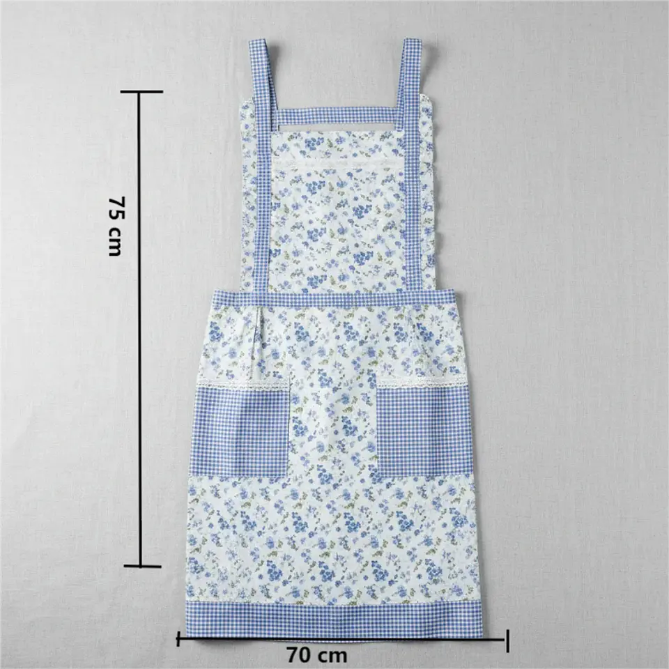 Delantal De Cocina Floreado Rosado Cuadrillé Con Bolsillos 3