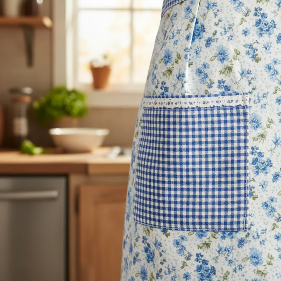 Delantal De Cocina Floreado Rosado Cuadrillé Con Bolsillos 4