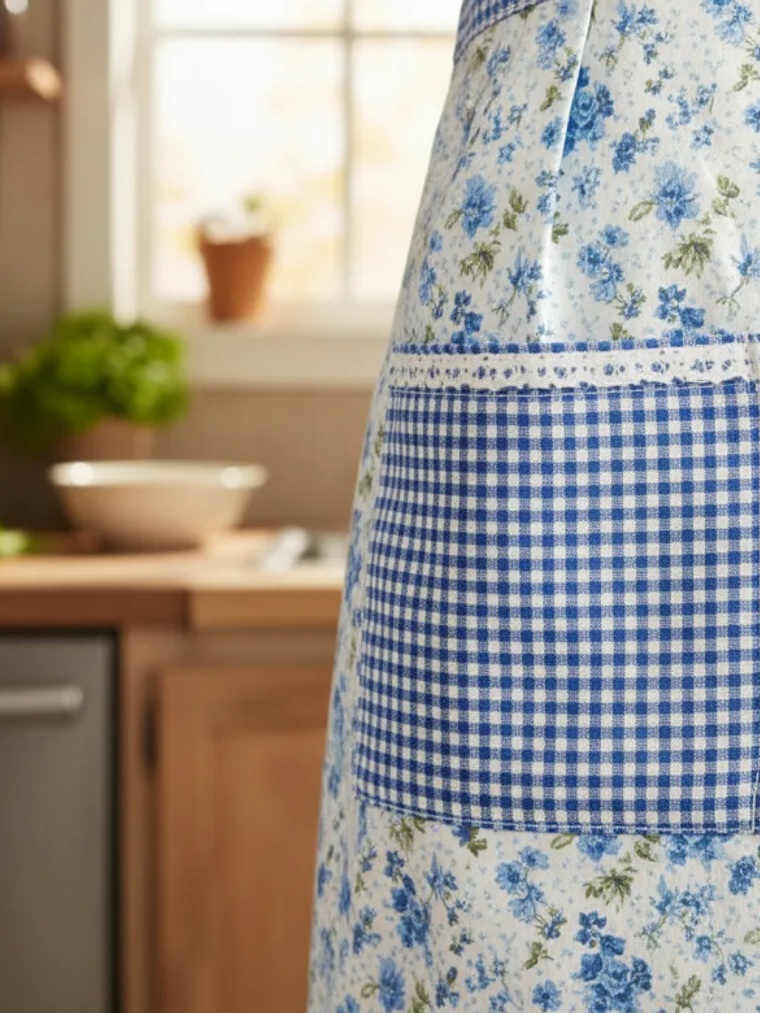 Delantal De Cocina Floreado Rosado Cuadrillé Con Bolsillos 4