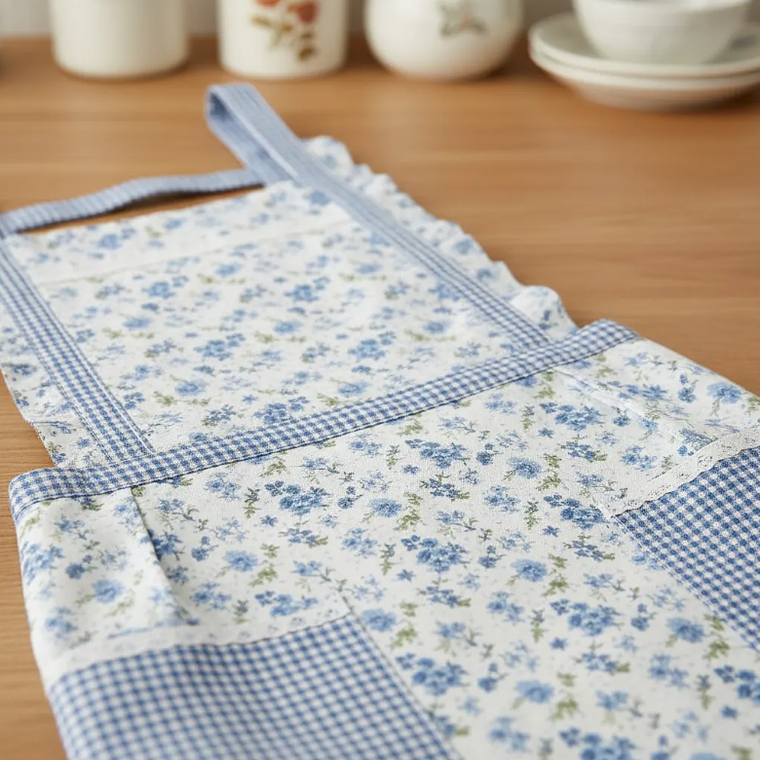 Delantal De Cocina Floreado Rosado Cuadrillé Con Bolsillos 6