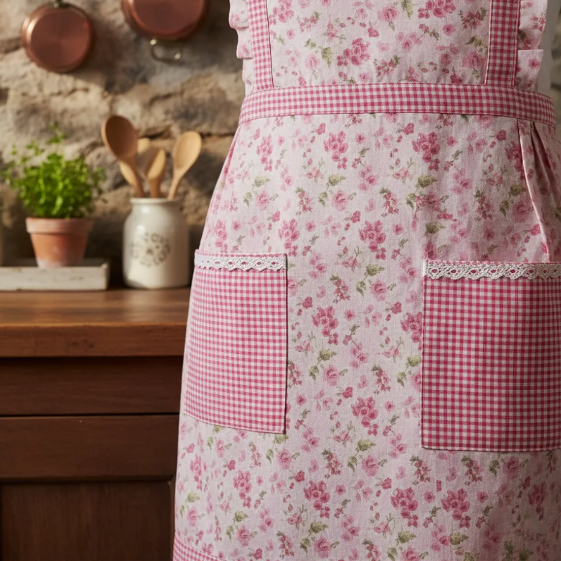 Delantal De Cocina Floreado Rosado Cuadrillé Con Bolsillos 2