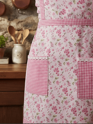 Delantal De Cocina Floreado Rosado Cuadrillé Con Bolsillos
