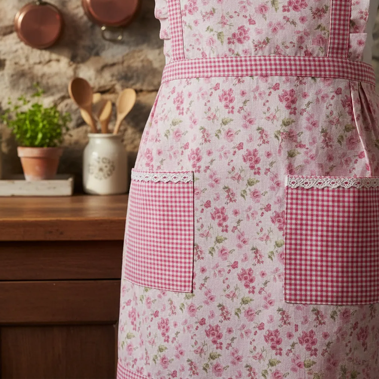 Delantal De Cocina Floreado Rosado Cuadrillé Con Bolsillos 2
