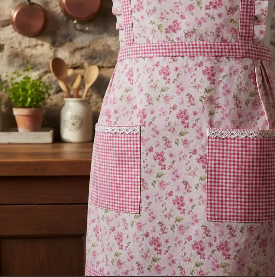 Delantal De Cocina Floreado Rosado Cuadrillé Con Bolsillos 2