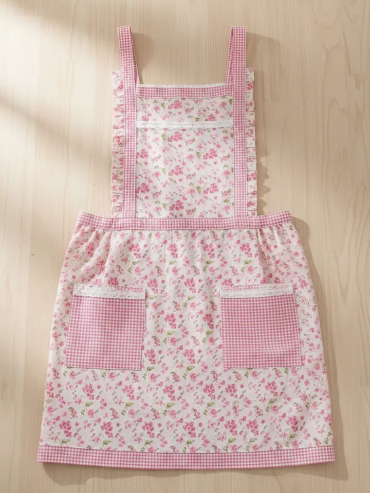 Delantal De Cocina Floreado Rosado Cuadrillé Con Bolsillos 5