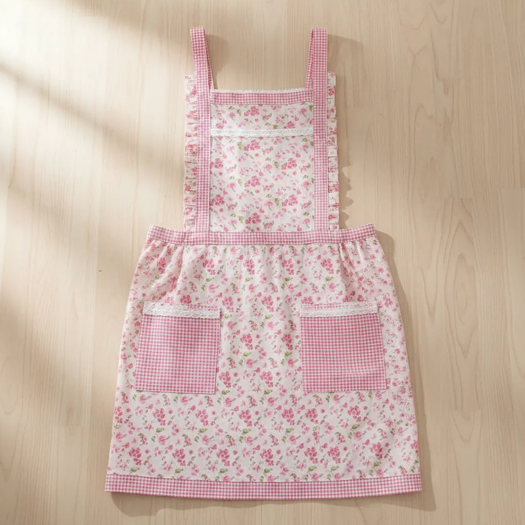 Delantal De Cocina Floreado Rosado Cuadrillé Con Bolsillos 5