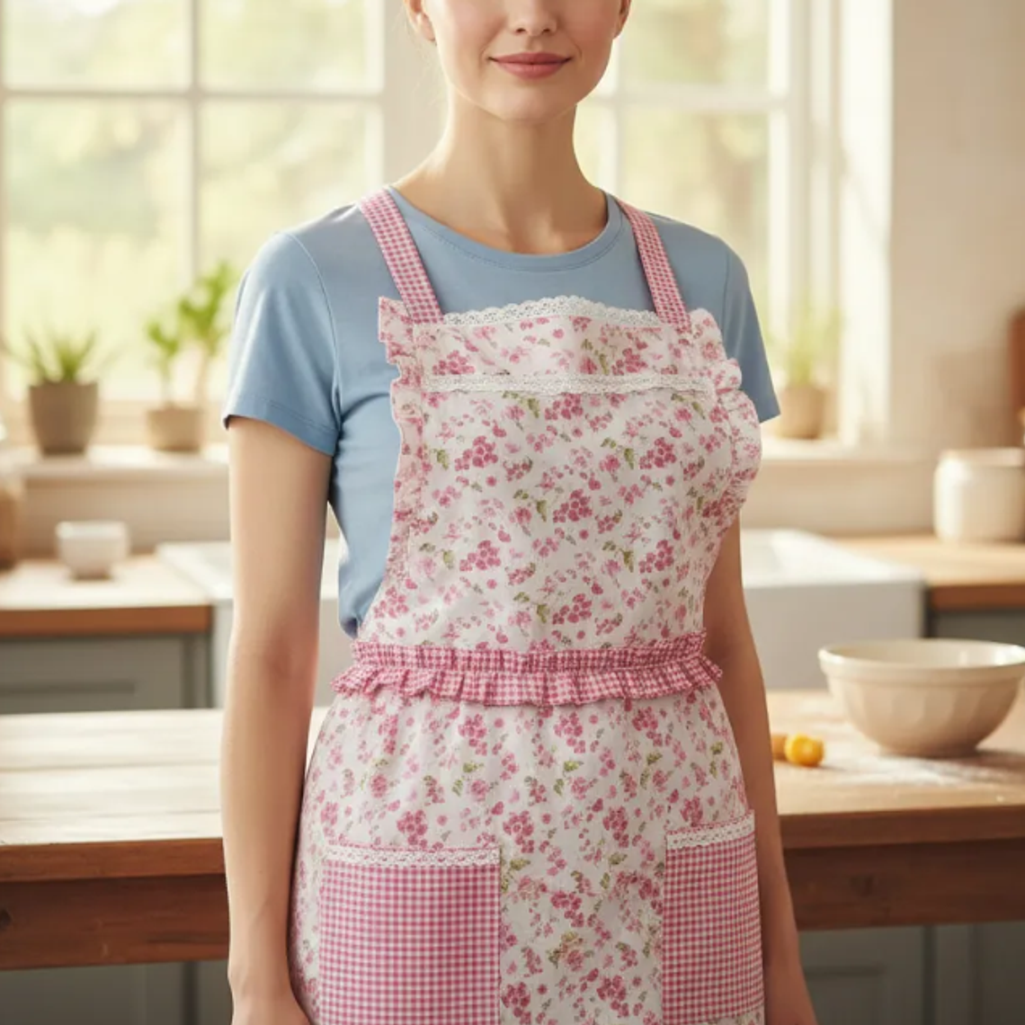 Delantal De Cocina Floreado Rosado Cuadrillé Con Bolsillos 1