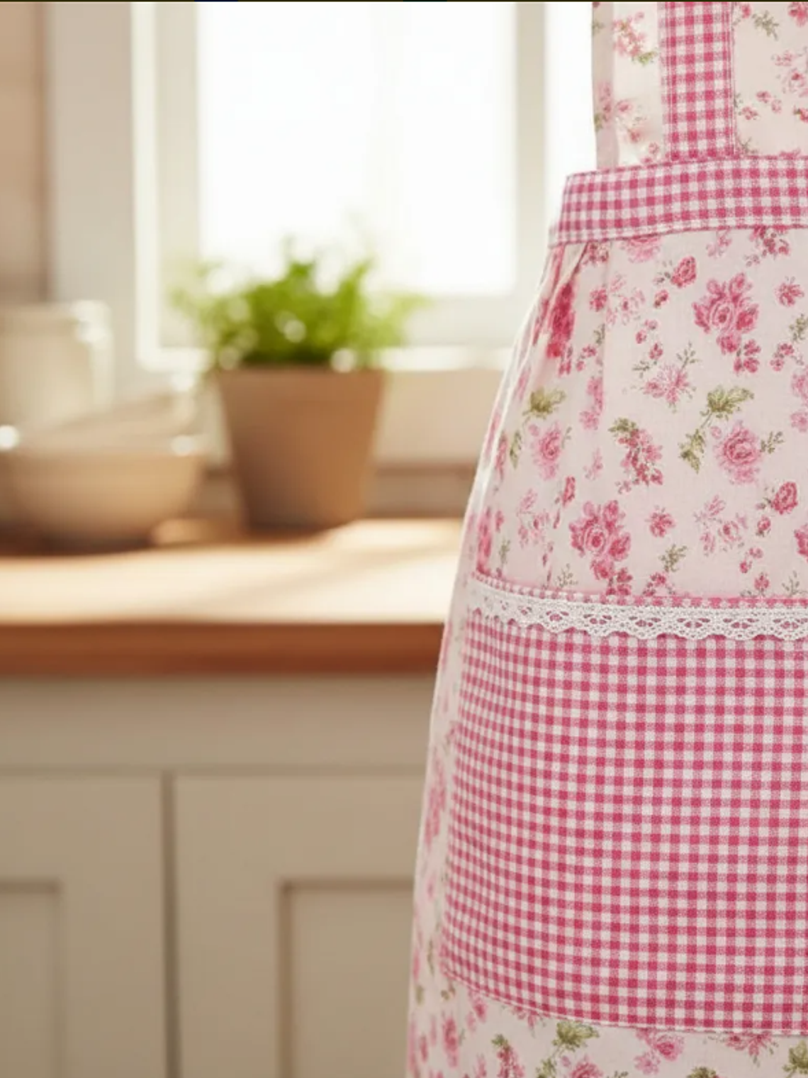Delantal De Cocina Floreado Rosado Cuadrillé Con Bolsillos 7