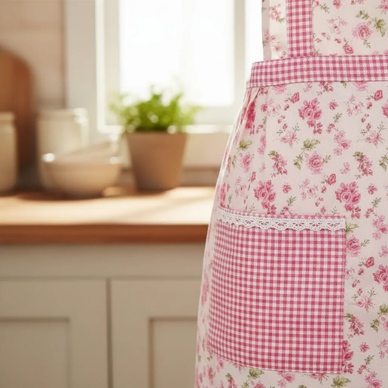 Delantal De Cocina Floreado Rosado Cuadrillé Con Bolsillos 7
