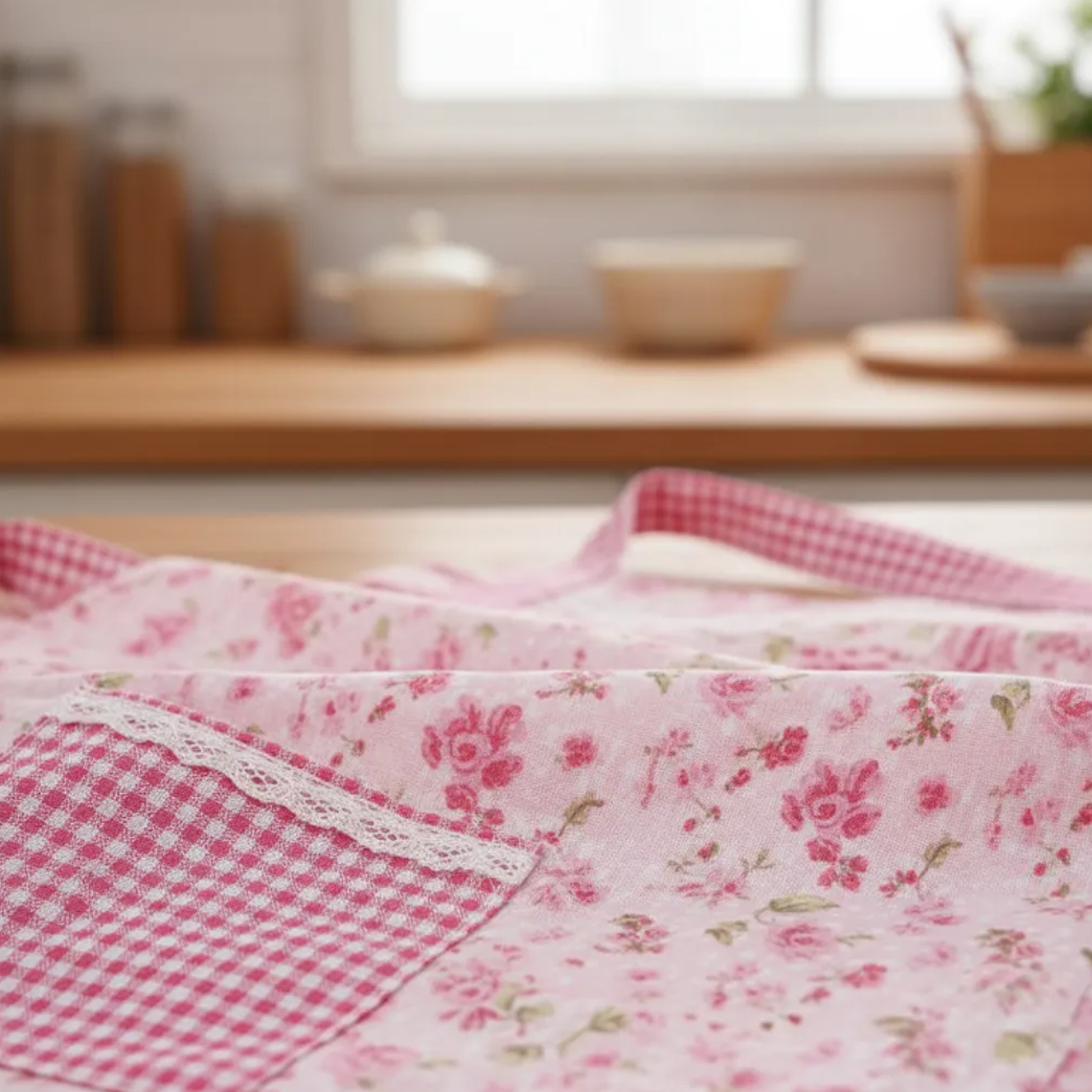 Delantal De Cocina Floreado Rosado Cuadrillé Con Bolsillos 8