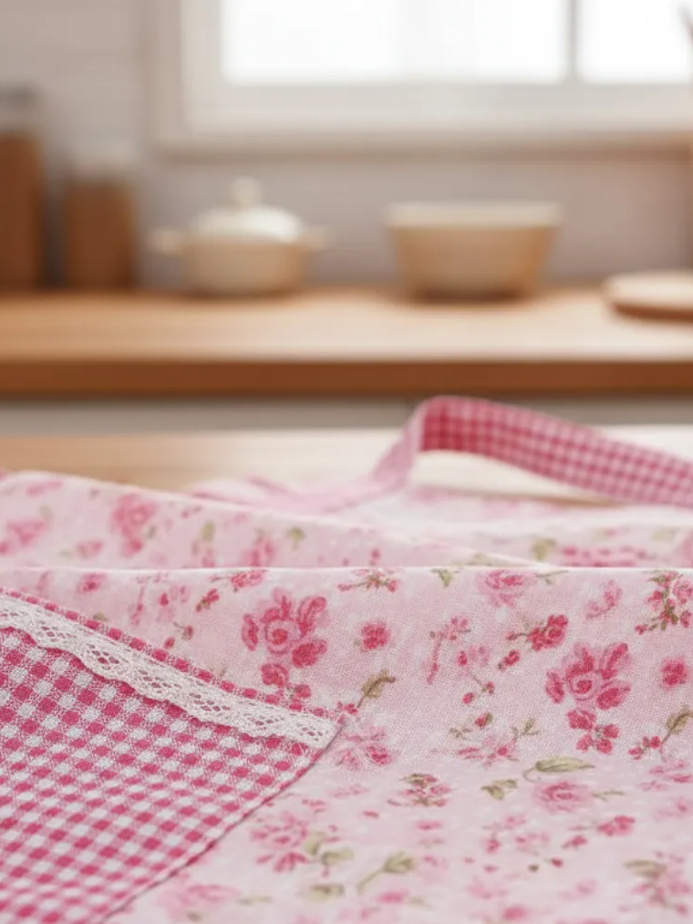 Delantal De Cocina Floreado Rosado Cuadrillé Con Bolsillos 8