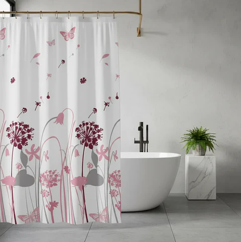 cortina de baño con diseño de flores y mariposas 