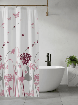 cortina de baño con diseño de flores y mariposas 