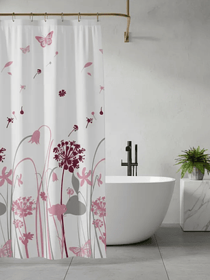cortina de baño con diseño de flores y mariposas 