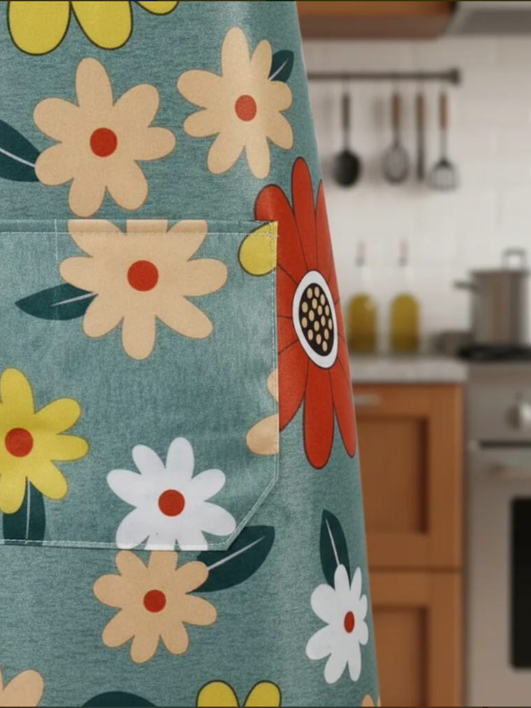 Delantal Cocina Impermeable Flores Ajustable Bolsillo 5
