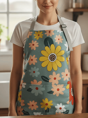 Delantal Cocina Impermeable Flores Ajustable Bolsillo