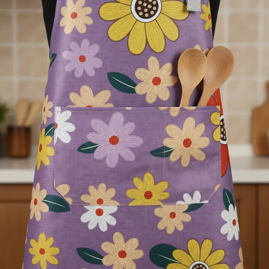 Delantal Cocina Impermeable Flores Ajustable Bolsillo 7
