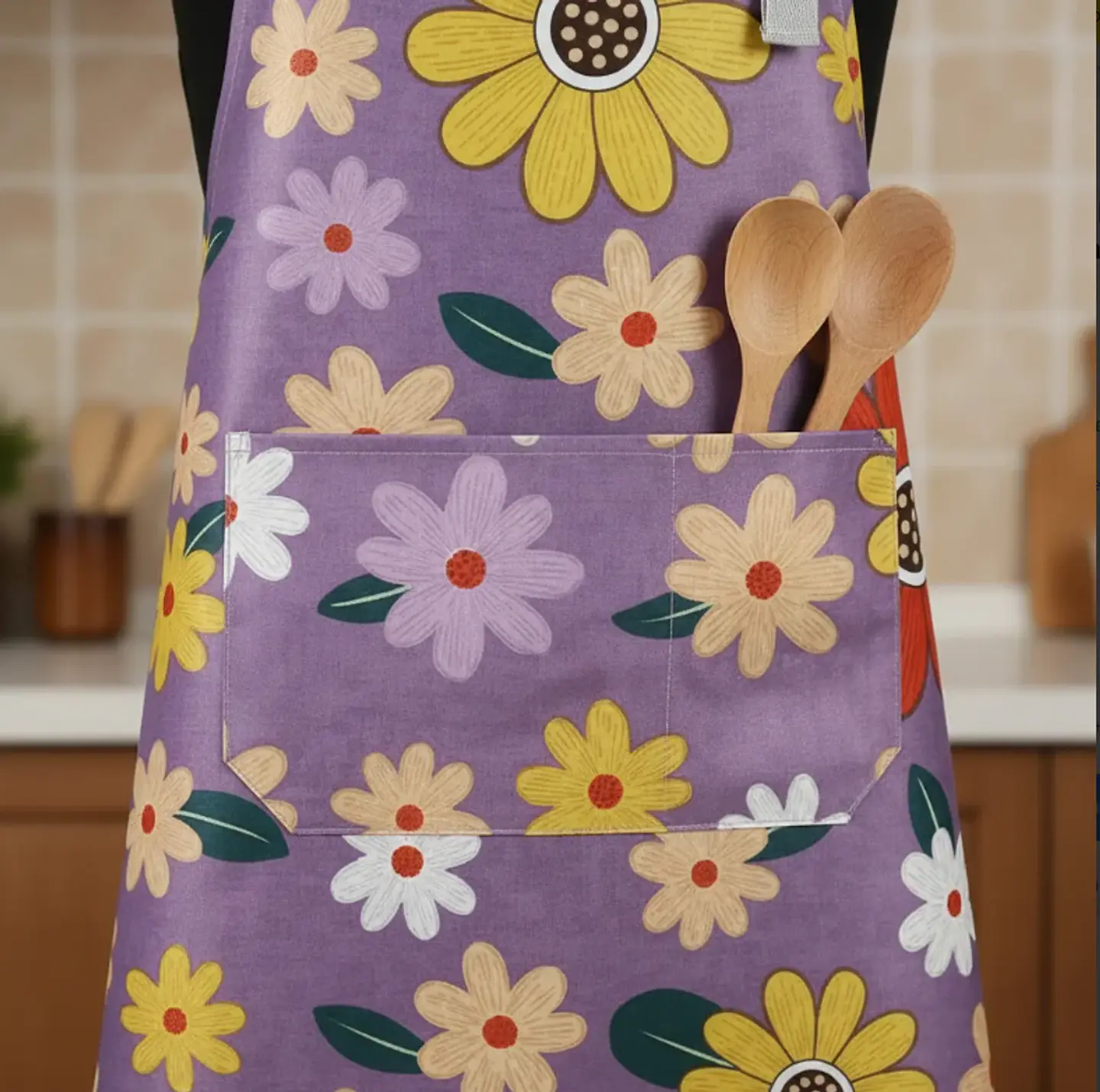 Delantal Cocina Impermeable Flores Ajustable Bolsillo 7