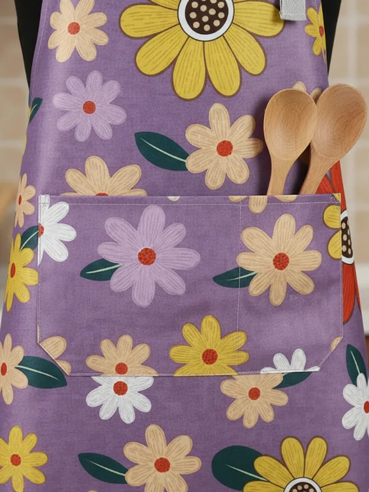 Delantal Cocina Impermeable Flores Ajustable Bolsillo 7