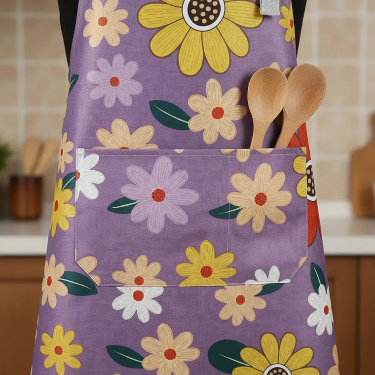 Delantal Cocina Impermeable Flores Ajustable Bolsillo 7