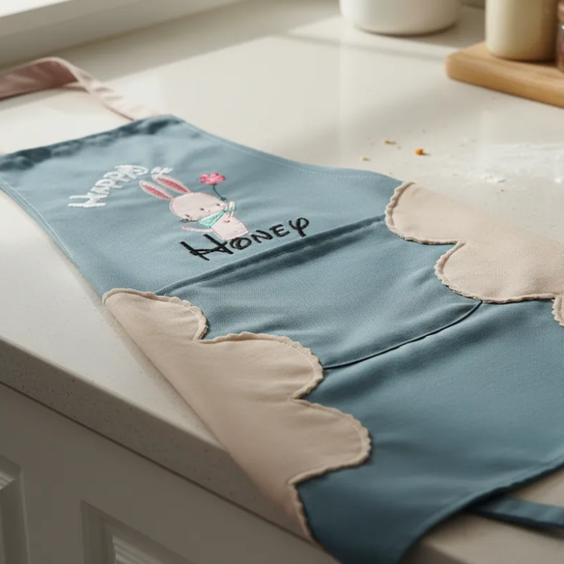 Delantal de cocina con diseño conejito y bolsillo 5