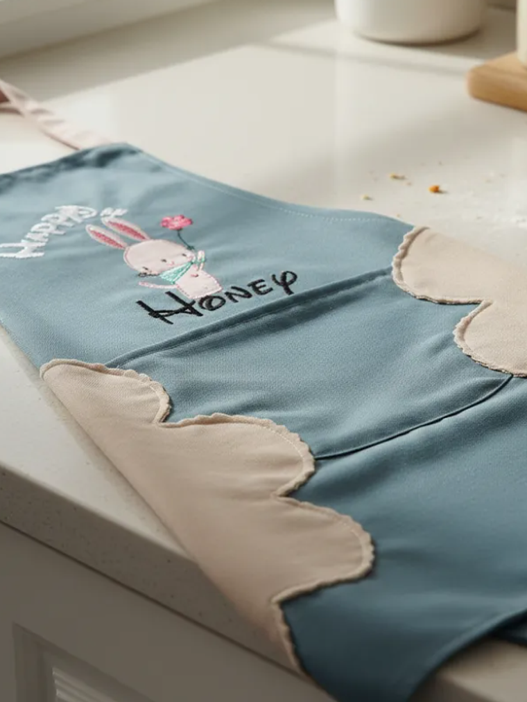 Delantal de cocina con diseño conejito y bolsillo 5