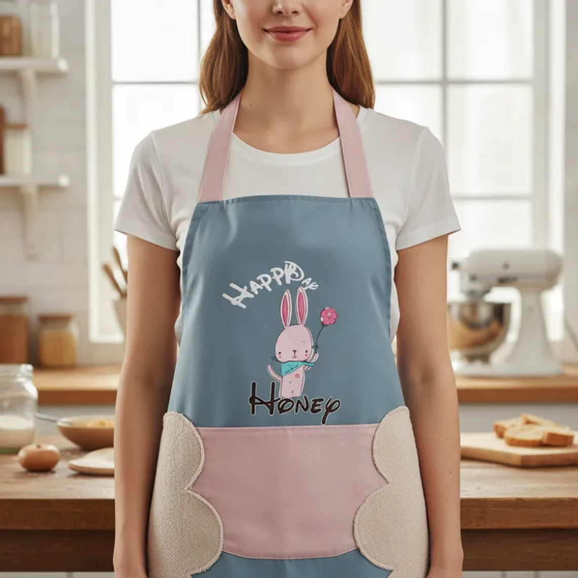 Delantal de cocina con diseño conejito y bolsillo 1