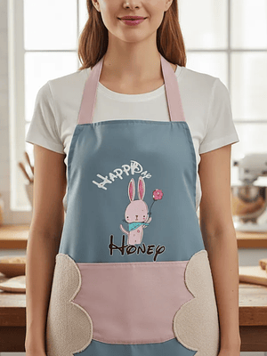 Delantal de cocina con diseño conejito y bolsillo