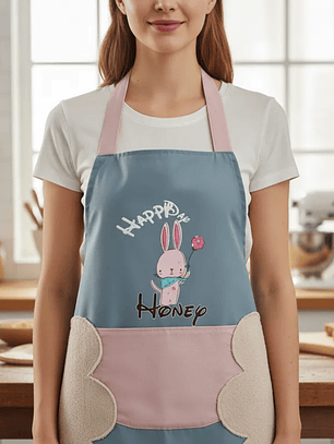 Delantal de cocina con diseño conejito y bolsillo