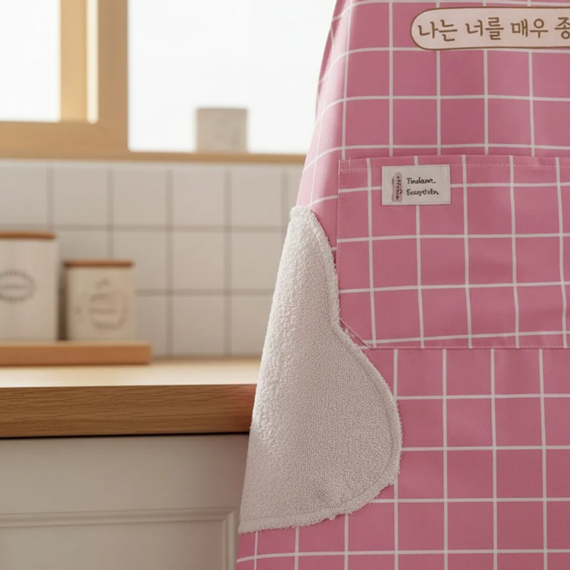 Delantal de cocina con diseño coreano y seca manos 4