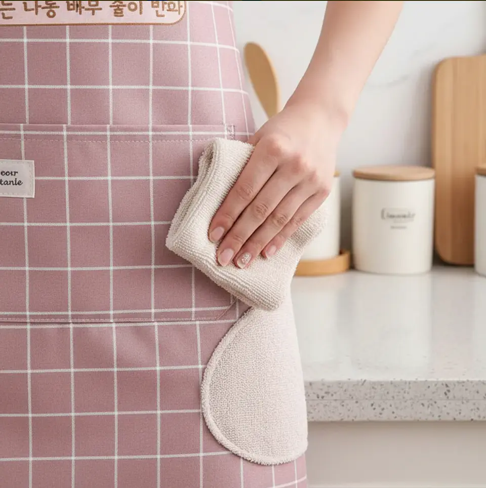 Delantal de cocina con diseño coreano y seca manos 7