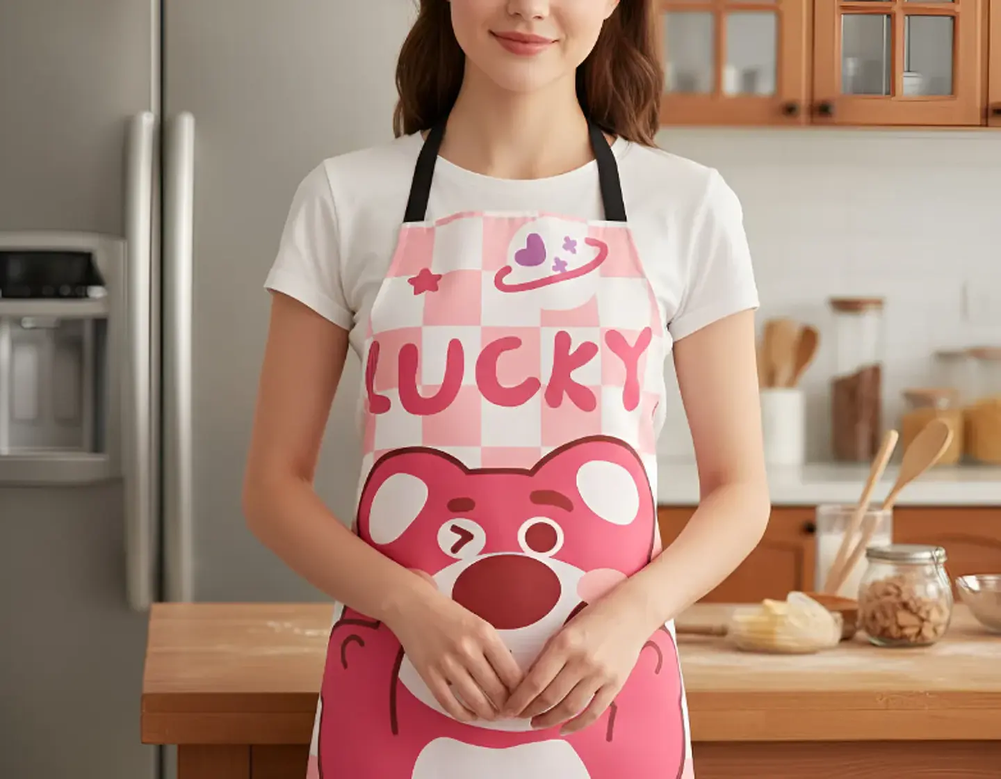Delantal de cocina diseño oso rosa Lucky kawaii impermeable 4