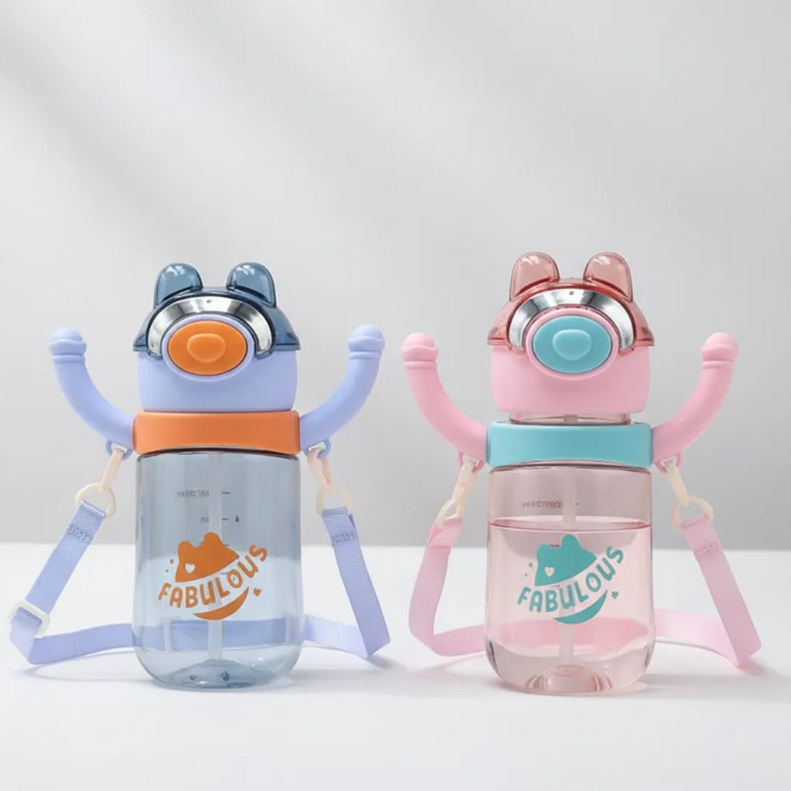 Botella De Agua Infantil Con Bombilla Y Correa Diseño Oso 1