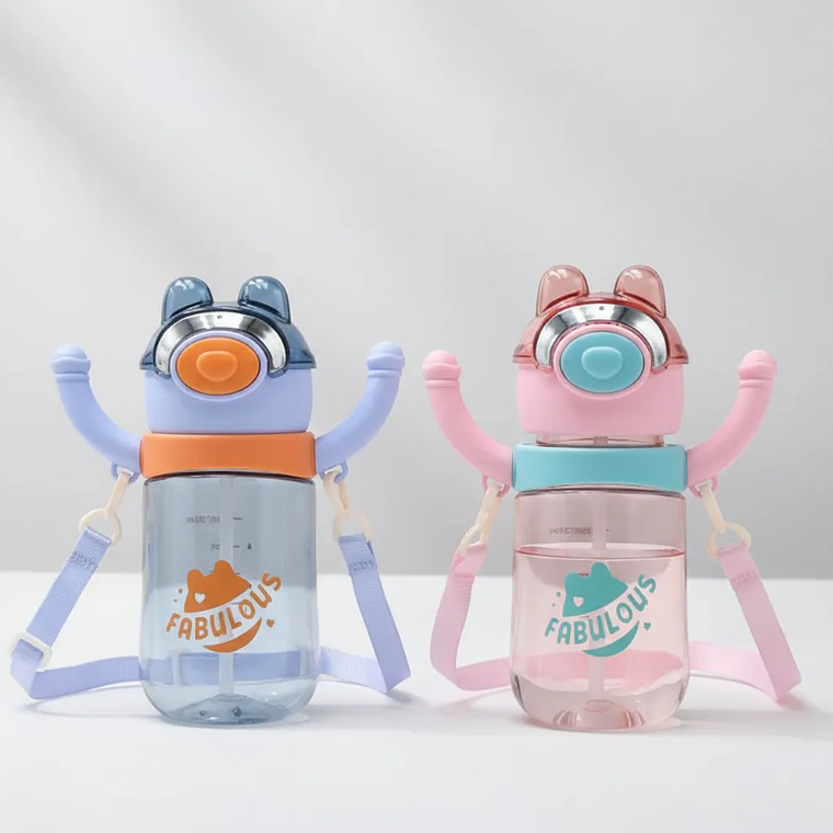 Botella De Agua Infantil Con Bombilla Y Correa Diseño Oso 1