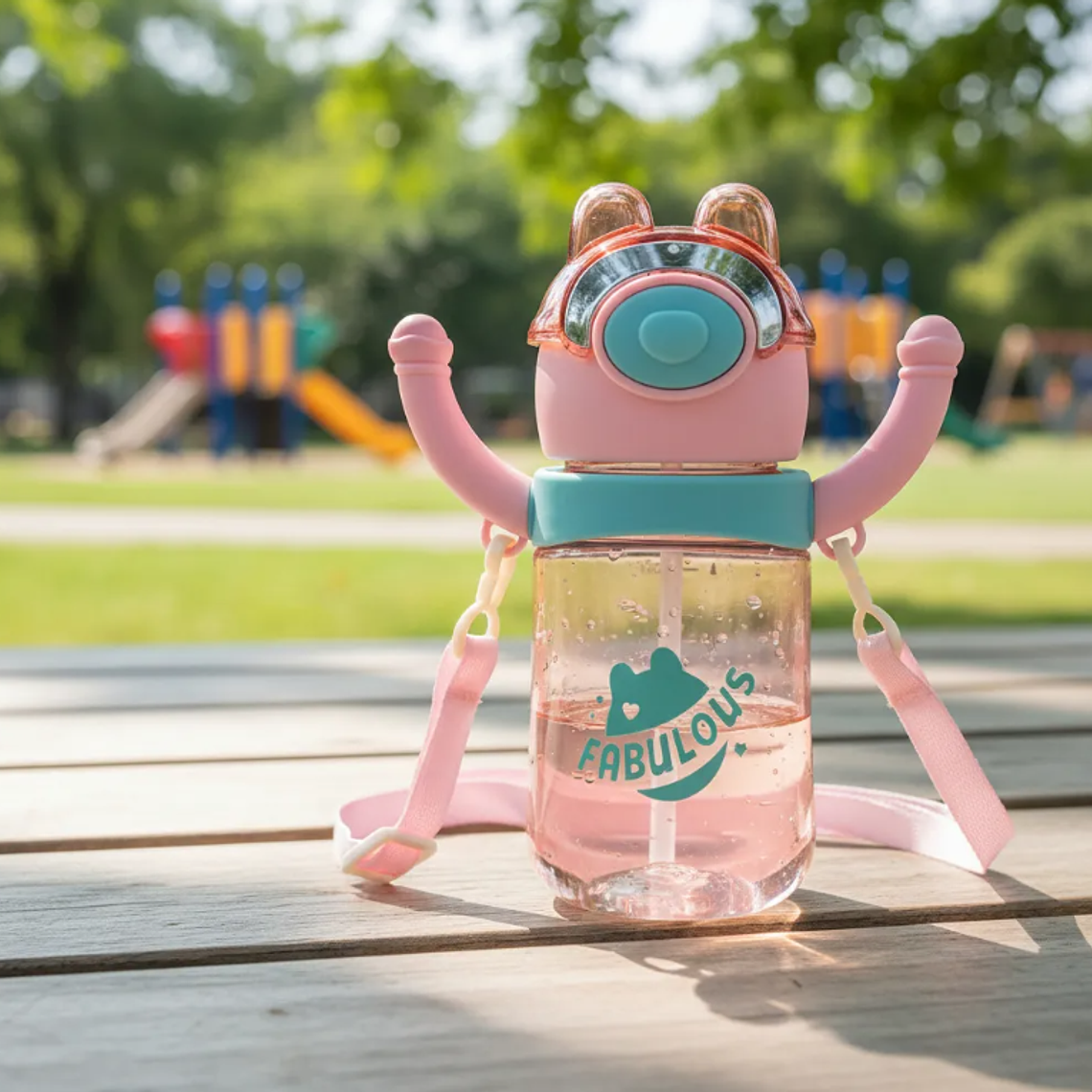 Botella De Agua Infantil Con Bombilla Y Correa Diseño Oso 4