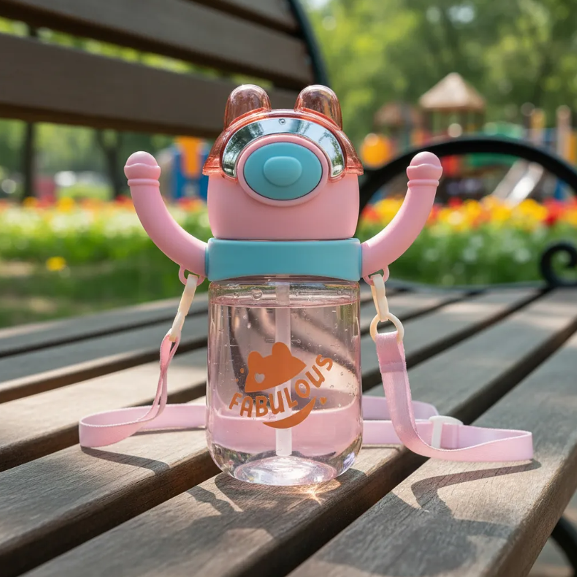 Botella De Agua Infantil Con Bombilla Y Correa Diseño Oso 6