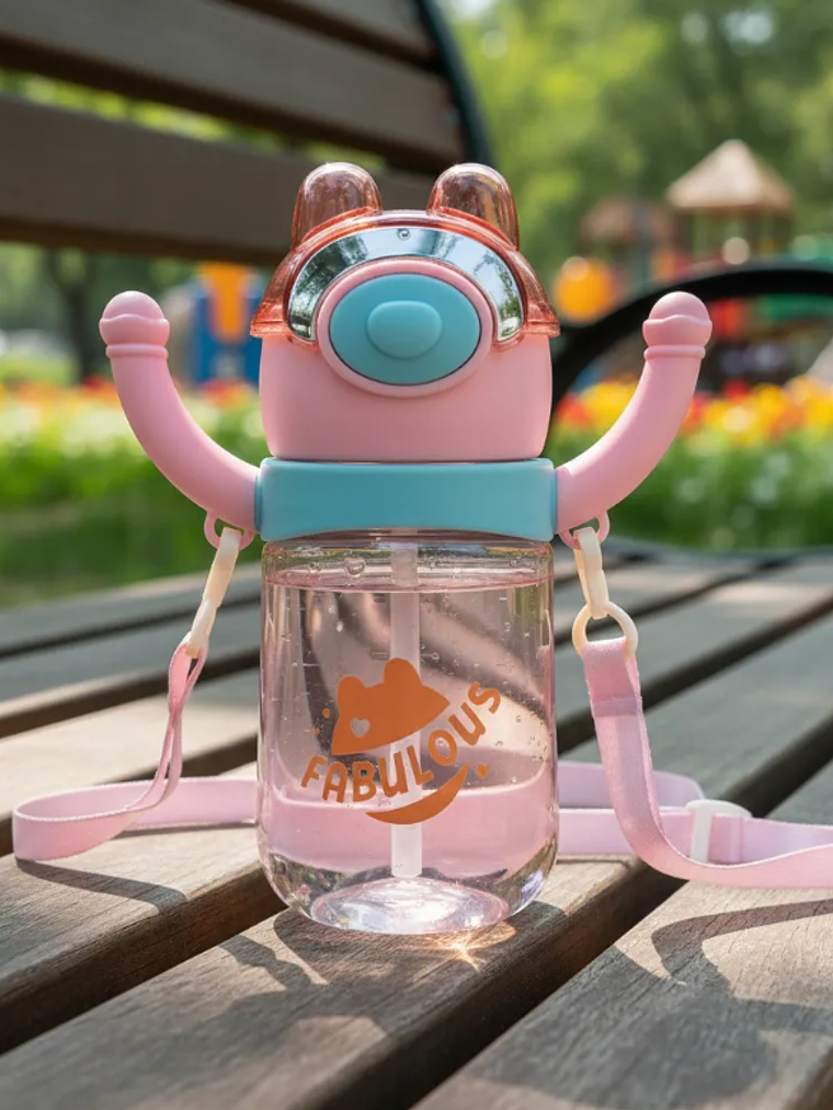 Botella De Agua Infantil Con Bombilla Y Correa Diseño Oso 6