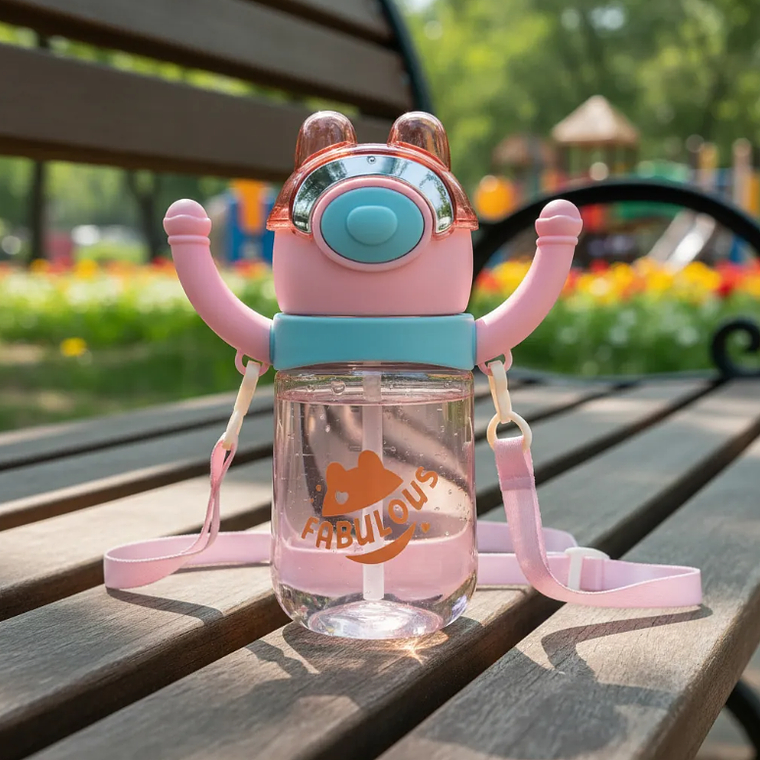 Botella De Agua Infantil Con Bombilla Y Correa Diseño Oso 6