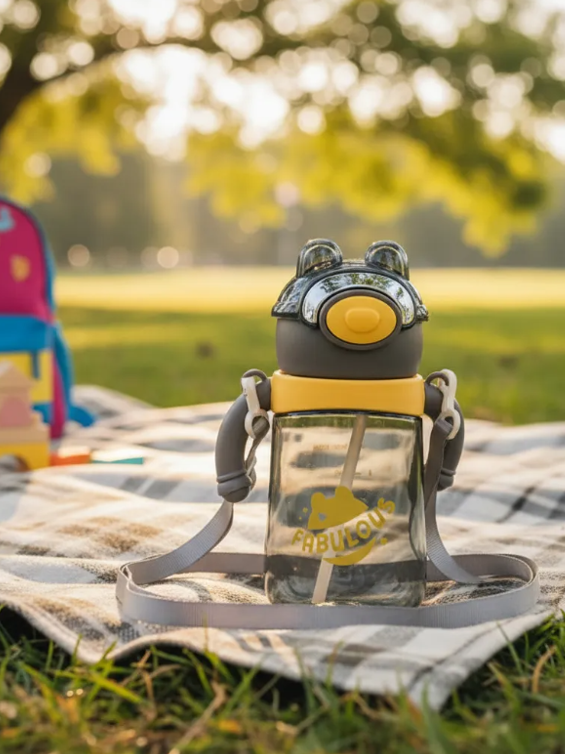 Botella De Agua Infantil Con Bombilla Y Correa Diseño Oso 2