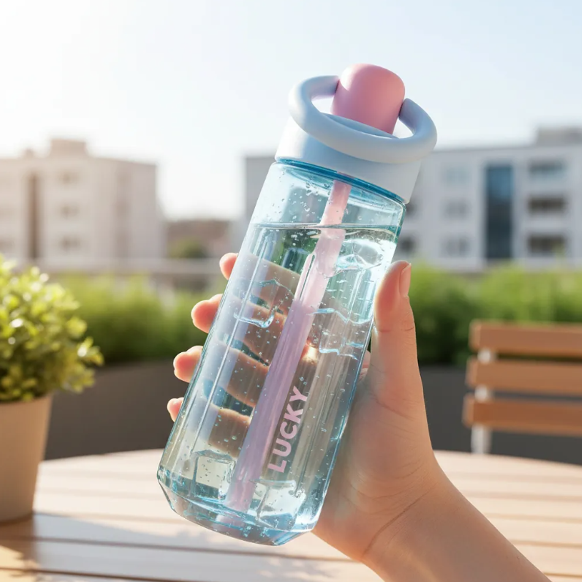 Botella de agua Lucky con bombilla y asa colores pastel 2