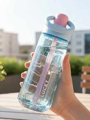 Botella de agua Lucky con bombilla y asa colores pastel