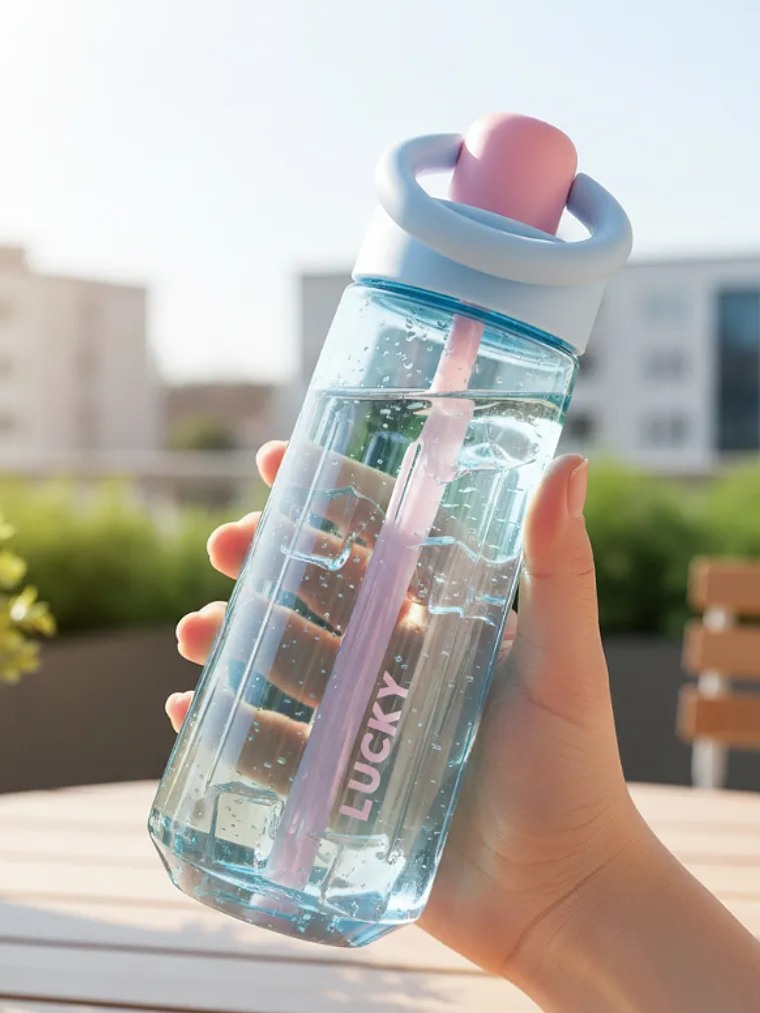 Botella de agua Lucky con bombilla y asa colores pastel 2