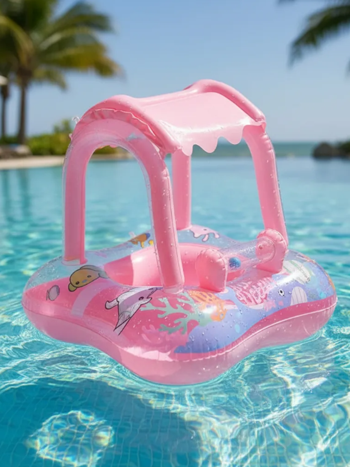 Flotador Para Bebé Con Techo Quitasol Inflable Piscina Rosa 3