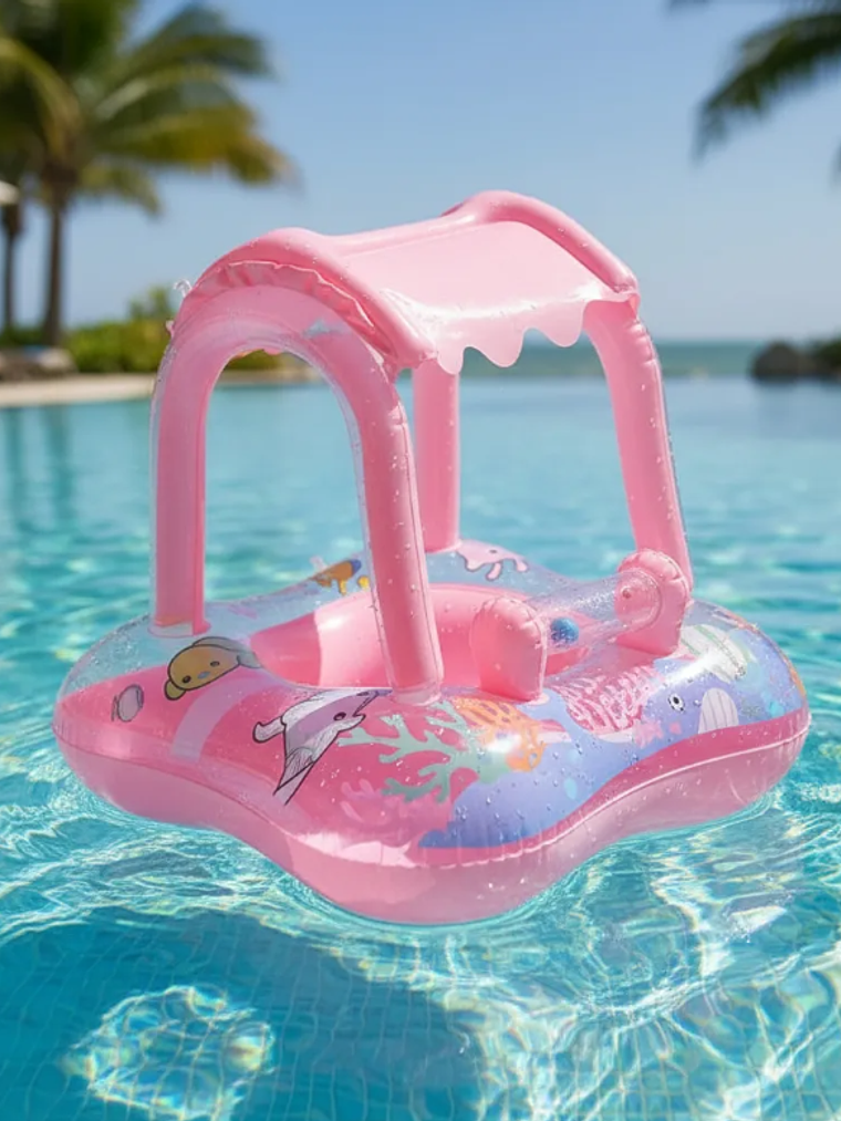 Flotador Para Bebé Con Techo Quitasol Inflable Piscina Rosa 3