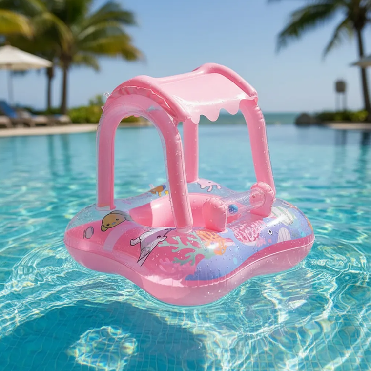 Flotador Para Bebé Con Techo Quitasol Inflable Piscina Rosa 3