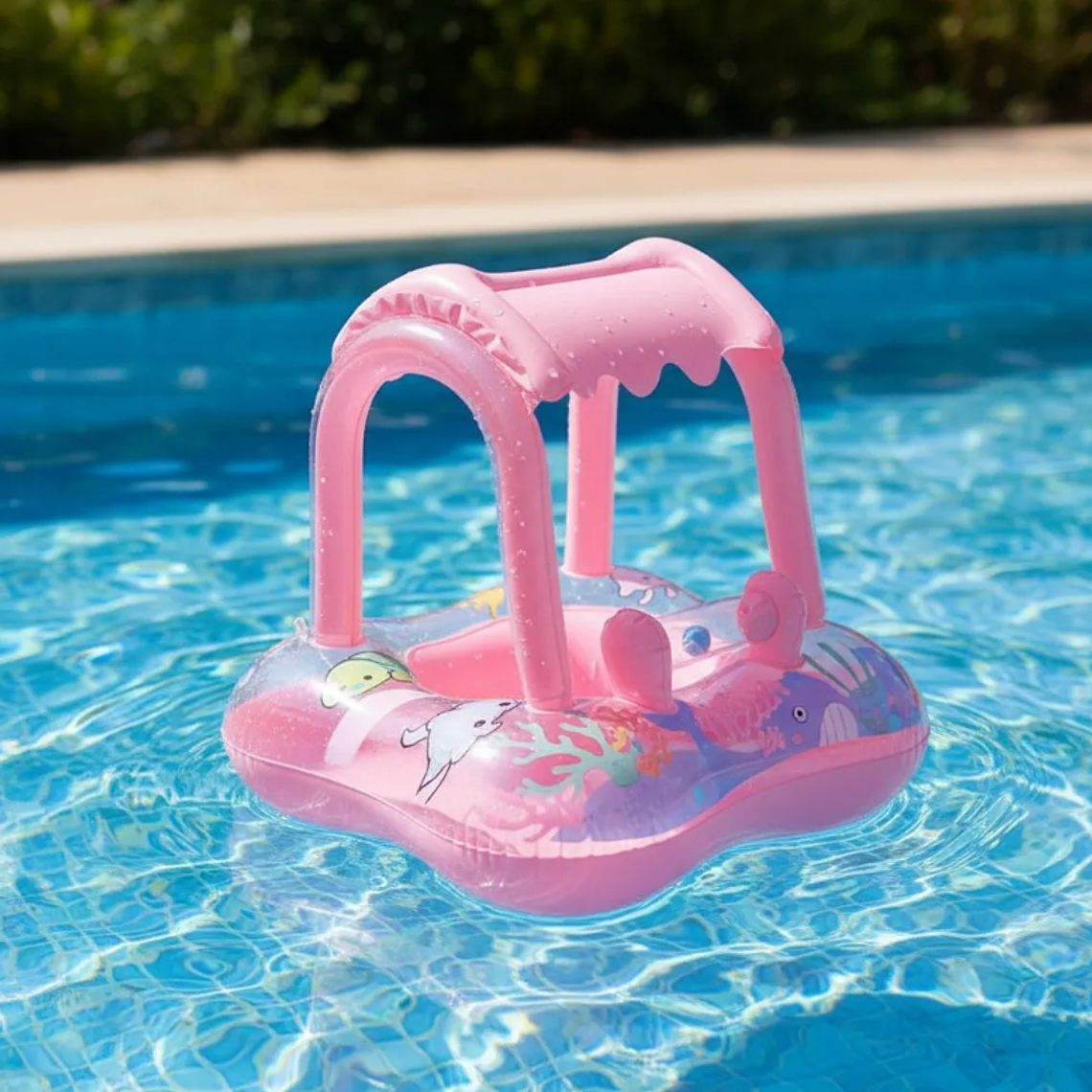 Flotador Para Bebé Con Techo Quitasol Inflable Piscina Rosa 4