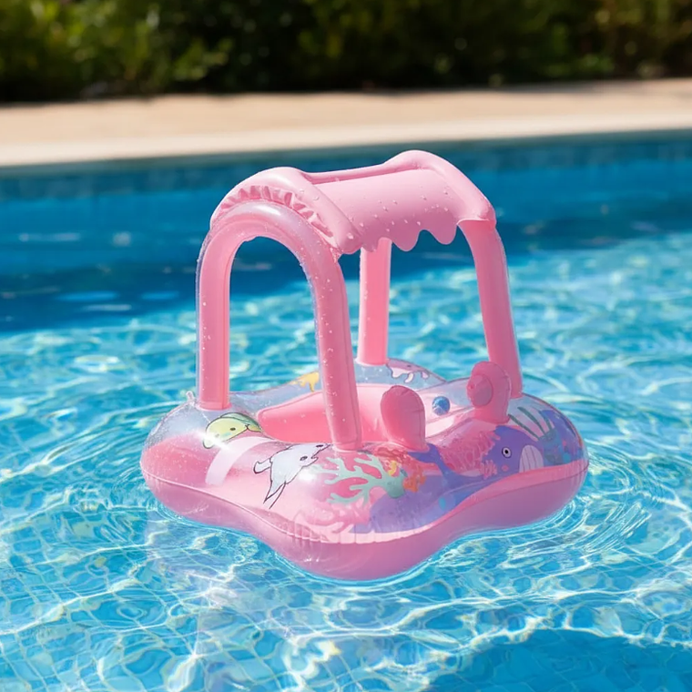 Flotador Para Bebé Con Techo Quitasol Inflable Piscina Rosa 4