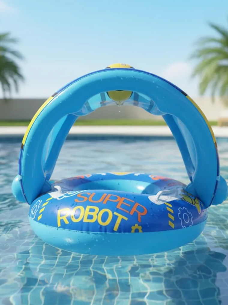 Flotador Inflable Bebé Con Techo Diseño Robot Azul 5