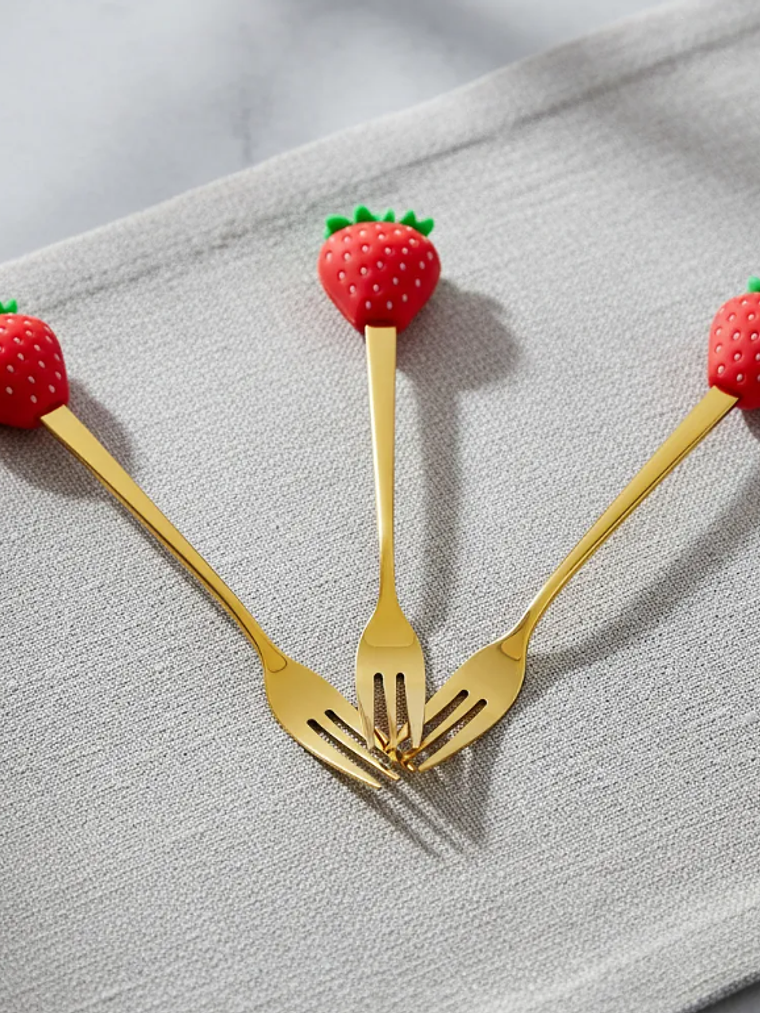 Set Tenedores De Postre Diseño Frutilla Dorados 16cm 1
